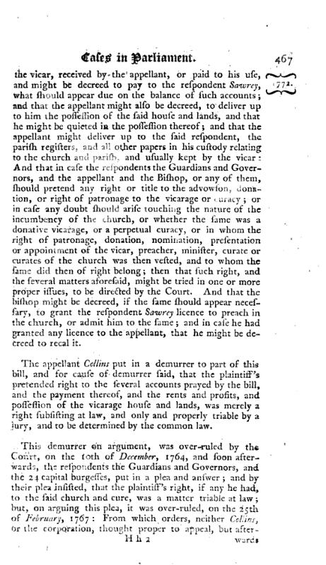 Reports of cases, upon appeals and writs of error, in the High Court of Parliament 1772 p.467